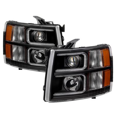 Chevy Silverado 2007-2013 Black LED DRL Projector Headlights