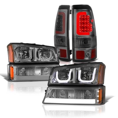 Chevy Silverado 2500HD 2003-2006 Smoked LED DRL Headlights Bumper Lights LED Tail Lights Red Tube