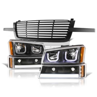 Chevy Avalanche 2003-2006 Black Grille LED DRL Headlights Tube Bumper Lights