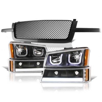 Chevy Avalanche 2003-2006 Black Mesh Grille LED DRL Headlights Tube Bumper Lights