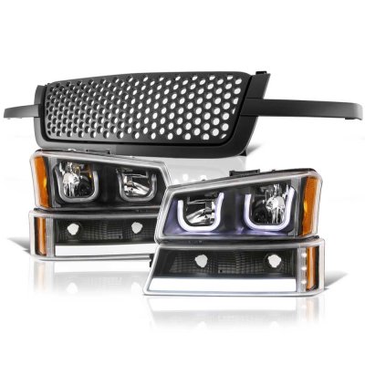 Chevy Silverado 1500 2003-2005 Black Custom Grille LED DRL Headlights Tube Bumper Lights