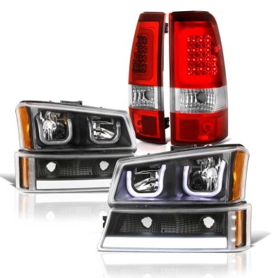 Chevy Silverado 3500 2003-2006 Black LED DRL Headlights Set LED Tail Lights Red Tube