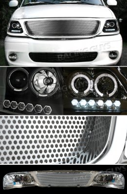 Ford Expedition 1999-2002 Chrome Custom Grille and Black Projector Headlights