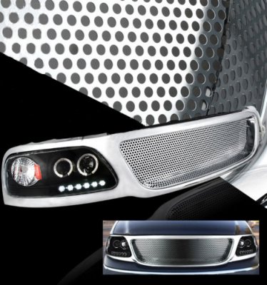 Ford F150 1999-2003 Chrome Custom Grille and Black Projector Headlights