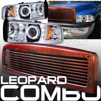 Dodge Ram 1994-2001 Red Billet Grille and Clear Halo Projector Headlights