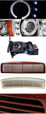 Dodge Ram 1994-2001 Red Billet Grille and Clear Halo Projector Headlights