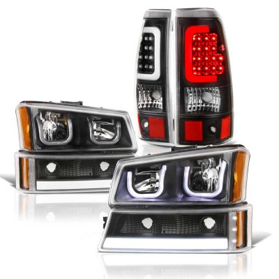 Chevy Silverado 3500 2003-2006 Black LED DRL Headlights Set LED Tail Lights Tube