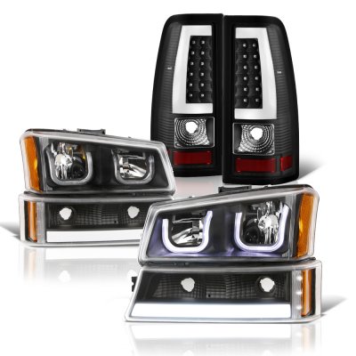 Chevy Silverado 2003-2006 Black LED DRL Headlights Set Tube LED Tail Lights