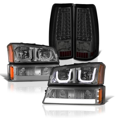 Chevy Silverado 2003-2006 Smoked LED DRL Headlights Set Custom LED Tail Lights