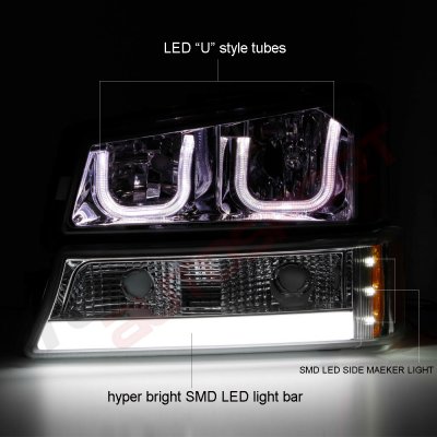 Chevy Silverado 2003-2006 Smoked LED DRL Headlights Set Custom LED Tail Lights