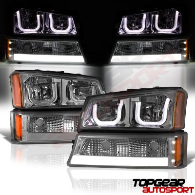 Chevy Silverado 1500HD 2003-2006 Smoked LED DRL Headlights Set Custom LED Tail Lights
