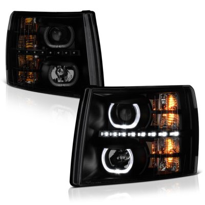 Chevy Silverado 2500HD 2007-2014 Black Smoked Halo LED DRL Projector Headlights