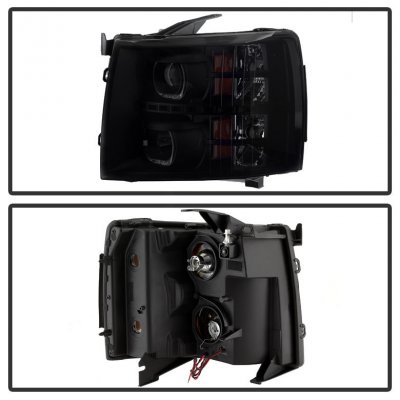 Chevy Silverado 2500HD 2007-2014 Black Smoked Halo LED DRL Projector Headlights