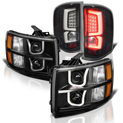 Chevy Silverado 2007-2013 Black LED DRL Projector Headlights Custom LED Tail Lights
