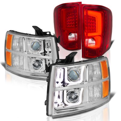 Chevy Silverado 3500HD 2007-2014 Halo DRL Projector Headlights Custom LED Tail Lights