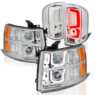 Chevy Silverado 2500HD 2007-2014 Chrome Halo DRL Projector Headlights Custom LED Tail Lights
