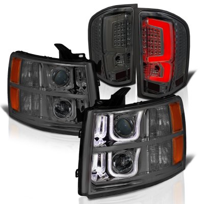 Chevy Silverado 3500HD 2007-2014 Smoked Halo DRL Projector Headlights Custom LED Tail Lights