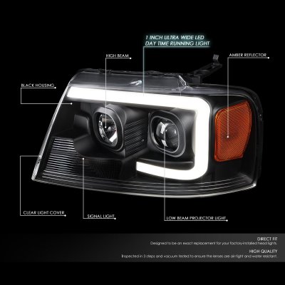 Ford F150 2004-2008 Black Projector Headlights Tube DRL