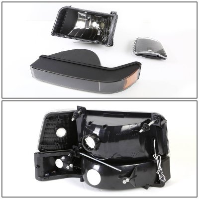 Ford F150 1992-1996 Black Headlights and Bumper Lights Set and LED