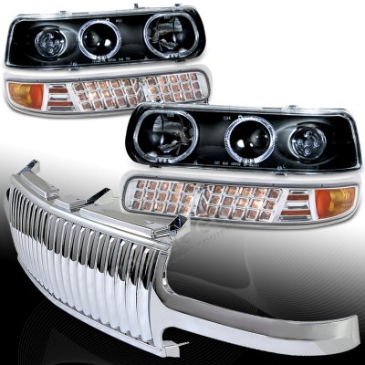 Chevy Silverado 1999-2002 Chrome Vertical Grille and Black Projector Headlights Set