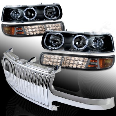 Chevy Silverado 1999-2002 Chrome Vertical Grille and Black Projector Headlights Set