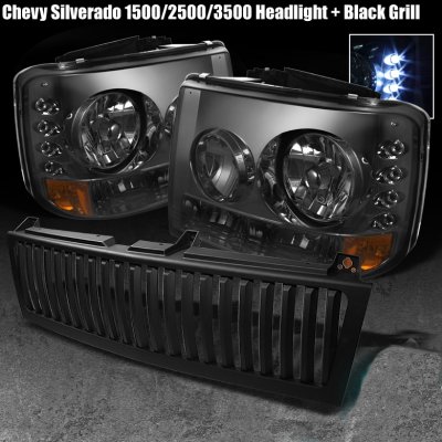 Chevy Suburban 2000-2006 Black Vertical Grille and Smoked Headlights with LED
