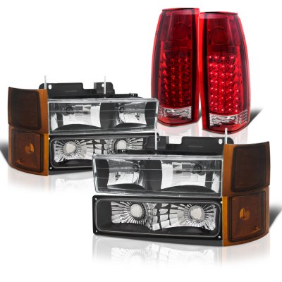 Chevy 1500 Pickup 1994-1998 Black Headlights Tinted Corner and LED Tail Lights