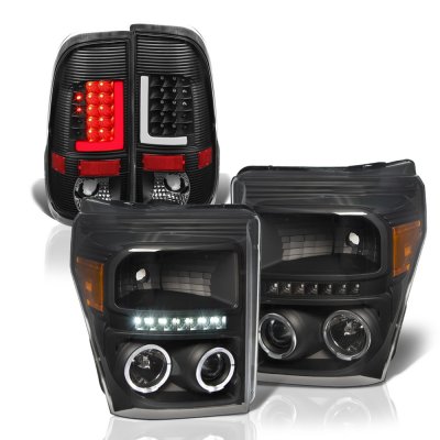 Ford F450 Super Duty 2011-2016 Black Halo Projector Headlights Tube LED Tail Lights