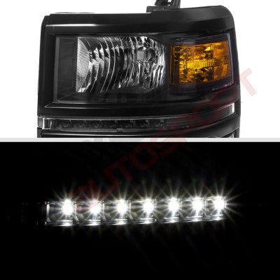 Chevy Silverado 1500 2014-2015 Black Headlights LED DRL