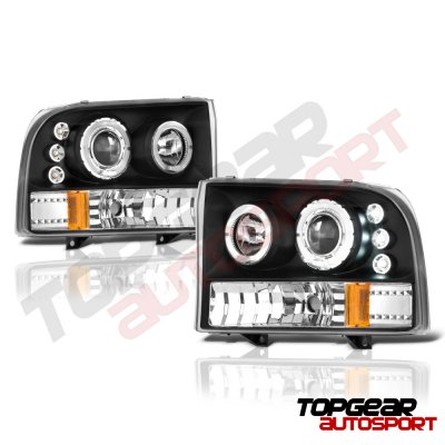 Ford F250 Super Duty 1999-2004 Black Dual Halo Projector Headlights with LED