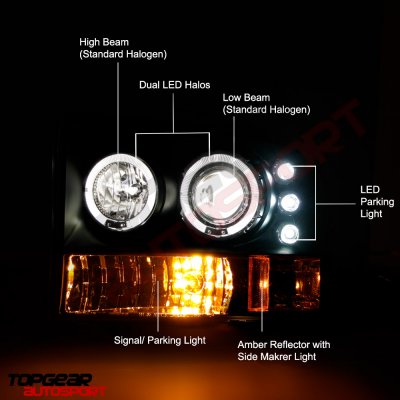 Ford F250 Super Duty 1999-2004 Black Dual Halo Projector Headlights with LED