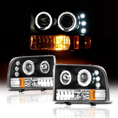 Ford F250 Super Duty 1999-2004 Black Dual Halo Projector Headlights with LED