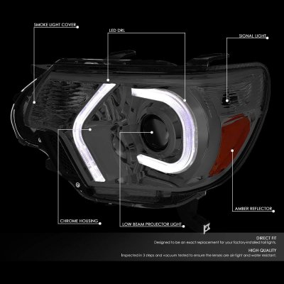 Toyota Tacoma 2012-2015 Smoked LED Tube DRL Projector Headlights