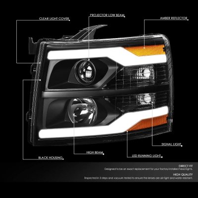 Chevy Silverado 2500HD 2007-2014 Black Facelift DRL Projector Headlights