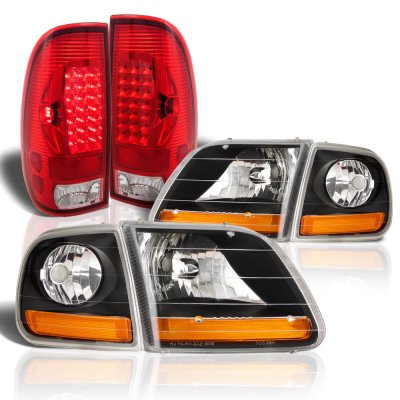 Ford F150 1997-2003 Black Harley Headlights Red LED Tail Lights