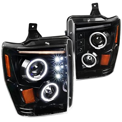 Ford F350 Super Duty 2008-2010 Glossy Black Halo Projector Headlights with LED