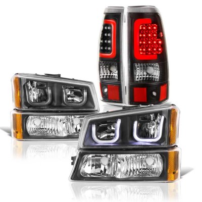 Chevy Silverado 2500 2003-2004 Black LED DRL Headlights LED Tail Lights Red Tube