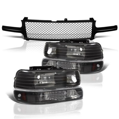 Chevy Silverado 3500 2001-2002 Black Mesh Grille and Headlights Set