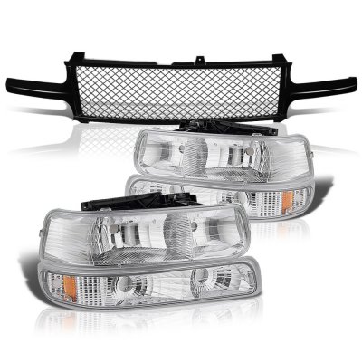 Chevy Silverado 1999-2002 Black Mesh Grille and Clear Headlights Set