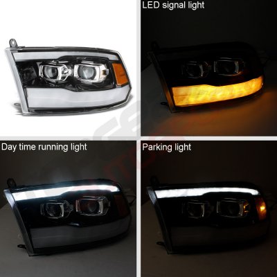 Dodge Ram 2009-2018 Glossy Black DRL Projector Headlights LED Signal Lights