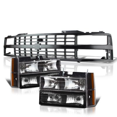 Chevy 3500 Pickup 1988-1993 Black Grille and Headlights Set