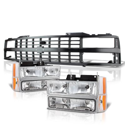 Chevy 2500 Pickup 1988-1993 Black Grille and Clear Headlights Set