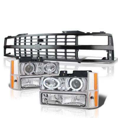 Chevy 1500 Pickup 1988-1993 Black Grille LED Halo Clear Projector Headlights Set