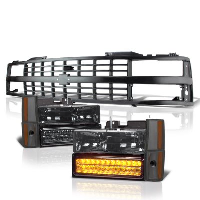 Chevy 2500 Pickup 1988-1993 Black Grille Smoked Headlights LED Bumper Lights