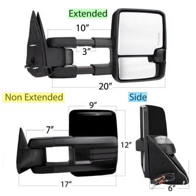 Chevy 1500 Pickup 1988-1998 Glossy Black Power Towing Mirrors Smoked LED Running Lights