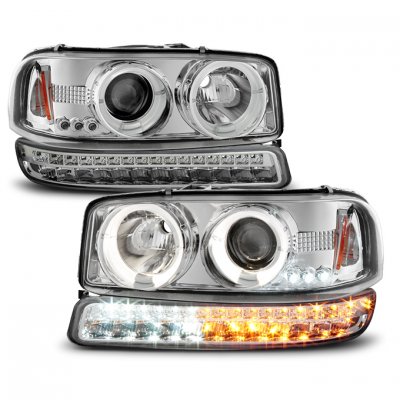 GMC Sierra 1999-2006 Halo Projector Headlights and LED Bumper Lights Chrome