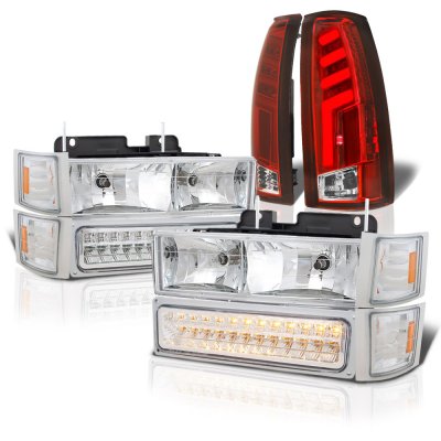 Chevy 3500 Pickup 1994-1998 Headlights and Tube LED Tail Lights Red Clear