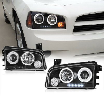 2006-2010 DODGE CHARGER HALO LED PROJECTOR HEADLIGHTS LAMPS BLACK 2007 2008 2009 