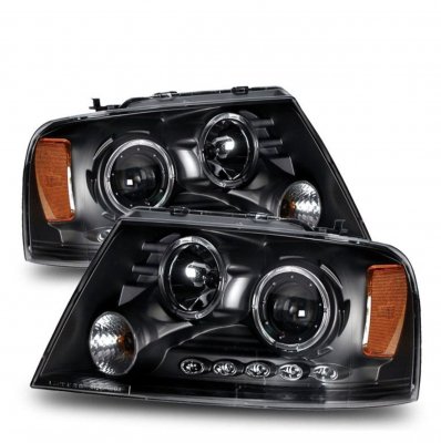 Ford F150 2004-2008 Black Projector Headlights with Dual Halo and LED