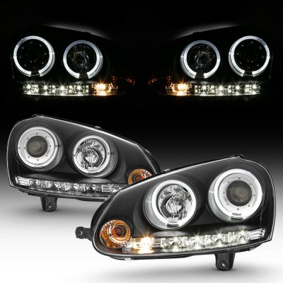 VW Rabbit 2006-2009 Black Dual Halo Projector Headlights with LED Daytime Running Lights